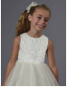 Beaded Ivory Satin Tulle Ankle Length Flower Girl Dress Communion Dress